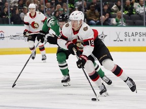 Senators center Tim Stutzle, seen here in action against the Stars on Friday night, has just one goal in his past nine contests overall.