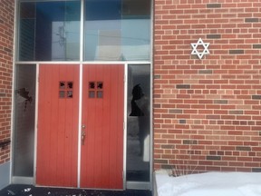 Glass panes at the front doors of the Sgoolai Israel Synagogue in downtown Fredericton were smashed sometime Friday night or early Saturday.