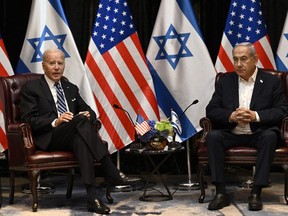 U.S. President Joe Biden meets Israeli Prime Minister Benjamin Netanyahu in Tel Aviv in October, 2023