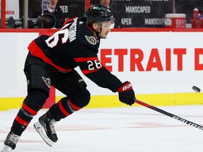 Ottawa Senators defenceman Erik Brannstrom skates during a game.