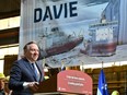 The government and Davie signed an "Umbrella Agreement" that will serve as a framework for negotiations for each shipbuilding contract. Prime Minister Justin Trudeau pegged the total estimated value of the contracts at $8.5 billion. Quebec Premier Francois Legault and Trudeau (not shown) made the announcement at the Davie shipyard in Levis, Que., on April 4, 2023.