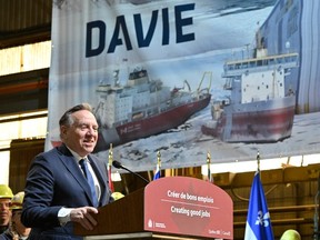 The government and Davie signed an "Umbrella Agreement" that will serve as a framework for negotiations for each shipbuilding contract. Prime Minister Justin Trudeau pegged the total estimated value of the contracts at $8.5 billion. Quebec Premier Francois Legault and Trudeau (not shown) made the announcement at the Davie shipyard in Levis, Que., on April 4, 2023.