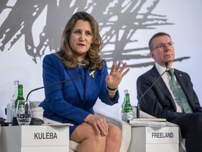 Finance Chrystia Minister Freeland and Latvia's President Edgars Rinkevics attend the Ukranian Breakfast on the sideline of the World Economic Forum (WEF) meeting in Davos on Jan. 18, 2024. Freeland touted the abundance of critical minerals, metals, and renewable energy in Canada, and said that the government is “investing heavily” in building more renewables.