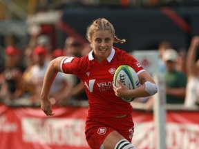 Team Canada's Maddy Grant runs in for the try against Team Mexico during the women's gold medal rugby game at the Rugby Sevens Paris 2024 Olympic qualification event at Starlight Stadium in Langford, B.C., on Sunday, August 20, 2023. Maddy Grant and Breanne Nicholas return to the Canadian women's rugby sevens side for the HSBC SVNS in Perth, Australia, later this month.
