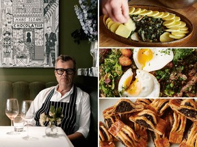 Clockwise from left: chef Jeremy Lee of Quo Vadis in London; chard, potato and celeriac gratin; duck, pea and cabbage hash; and mushroom jalousie. PHOTOS BY ELENA HEATHERWICK