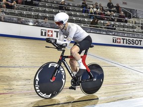 Jonathan Lyons, a 65-year-old rider from Bowen Island, B.C., is shown in action at the Canadian Track Championships in Milton, Ont., in a Saturday, Jan. 6, 2024, handout photo.