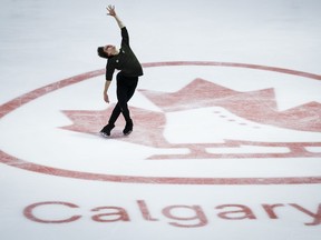 Roman Sadovsky, of Ontario, skates during a practice session at the Canadian figure skating championships in Calgary, Thursday, Jan. 11, 2024.&ampnbsp;Roman Sadovsky says he's been greeted with "you made it" and "you have skates" at the Canadian figure skating championships in Calgary.