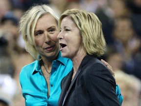 FILE - Former tennis players Martina Navratilova, left, and Chris Evert are introduced before the start of the women's championship match at the U.S. Open tennis tournament in New York, Saturday, Sept. 11, 2010. Hall of Famers Chris Evert and Martina Navratilova are calling on the women's tennis tour to stay out of Saudi Arabia, saying that holding the WTA Finals there "would represent not progress, but significant regression."