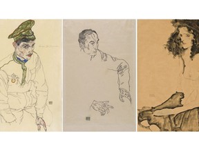 FILE _ This combo of images provided by the Manhattan District Attorney's Office, shows three artworks by Austrian expressionist Egon Schiele, from left, watercolor and pencil on paper artwork, dated 1916 and titled "Russian War Prisoner" (Art Institute of Chicago); a pencil on paper drawing, dated 1917, titled "Portrait of a Man" (Carnegie Museum of Art), and a watercolor and pencil on paper artwork, dated 1911 and titled "Girl With Black Hair" (Allen Memorial Art Museum). On Friday, Jan. 19, 2024, in New York, the estate of Holocaust victim Fritz Grünbaum accepted "Portrait of a Man," surrendered by the Carnegie Museum of Art and "Girl with Black Hair," surrendered by Oberlin College, which prosecutors have valued collectively at around $2.5 million. The third, "Russian War Prisoner," remains at the Art Institute of Chicago as that museum fights the seizure in court. (Manhattan District Attorney's Office via AP, File)