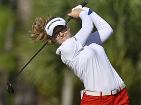 Brooke Henderson is eager to get back on the roller-coaster that is an LPGA Tour season. Henderson, of Smiths Falls, Ont., hits off the first fairway during the final round of the Grant Thornton Invitational, the first mixed-team golf tournament since 1999 in Naples, Fla., Sunday, Dec. 10, 2023.