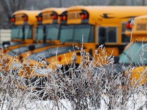 School buses sit empty during an ice storm in Ottawa Friday.