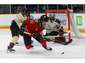 Ottawa’s Mikayla Grant-Mentis battling in front of the net Tuesday night during first period action. TONY CALDWELL, Postmedia.