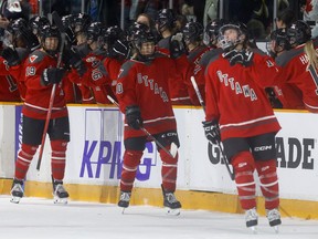 Ottawa celebrates its first goal ever Tuesday night in its PWHL home opener against Montreal.