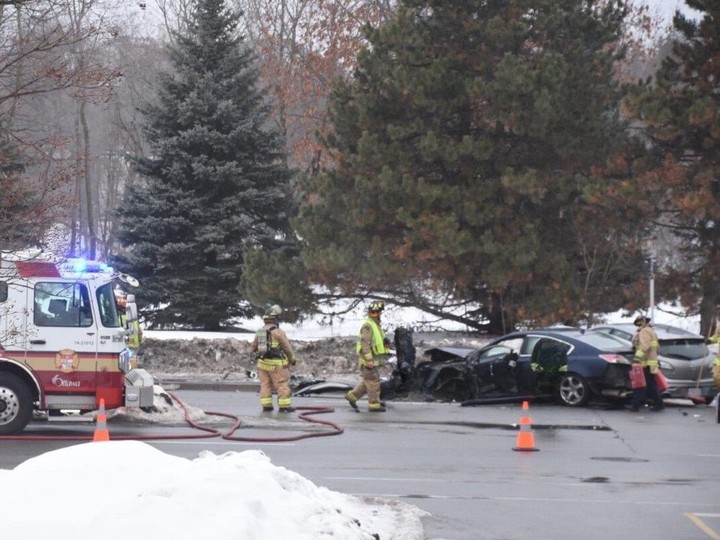  Two people were injured, one seriously in a two-vehicle crash on Riverside Drive Sunday