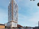 Architectural rendering of a proposal for 27-storey residential tower on Kent Street, incorporating the former Canadian Legion Dominion Command. View from Kent Street and Gilmour Street intersection.