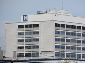 A blue hospital sign