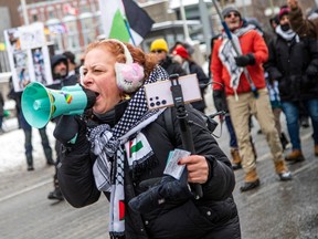 Pro-Palestinian protesters with megaphones