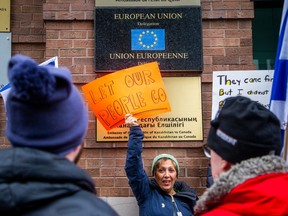 A group from the Jewish community gathered on Parliament Hill and marched to the Embassy of Qatar on Metcalfe Street, Sunday, Feb. 4, 2024.