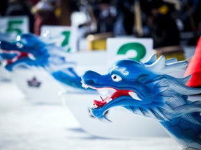 Boats take part in a race at the 2020 Ottawa Ice Dragon Boat Festival.