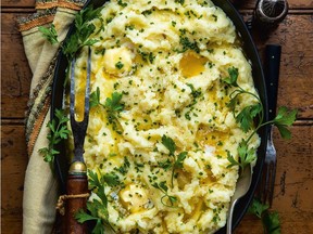 This mashed potato dish calls for an entire head of garlic.
