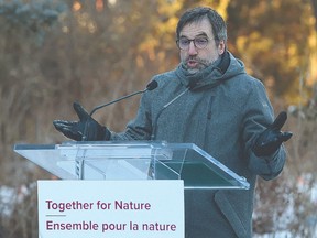 Minister of Environment and Climate Change Steven Guilbeault makes as a funding announcement at the Fletcher Wildlife Garden in Ottawa on Feb. 14, 2024.
