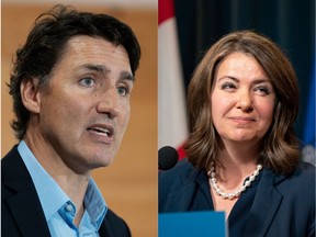 Prime Minister Justin Trudeau, left, and Alberta Premier Danielle Smith