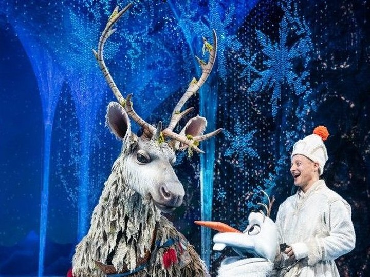  A scene from the North American touring production of Frozen that show the puppet characters, Sven the reindeer, and Olaf the talking snowman, created by Michael Curry.