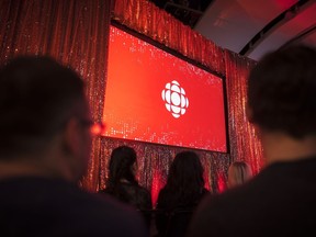 The CBC logo is projected onto a screen during its annual upfront presentation at The Mattamy Athletic Centre in Toronto in 2019.