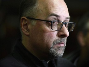 Marcel Desjardins takes questions from reporters as the team clears out of the locker room in Ottawa on Tuesday, Nov. 27, 2018. Desjardins, 57, returned to the Als last month as a special assistant to general manager Danny Maciocia, involved specifically in player personnel.