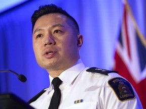 London Police Chief Thai Truong speaks during a press conference in London, Ont., Monday, Feb. 5, 2024.