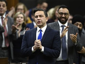 Conservative Leader Pierre Poilievre rises during Question Period in the House of Commons on Parliament Hill in Ottawa, Thursday, Feb. 15, 2024.