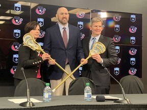 The Ottawa Black Bears will be part of the National Lacrosse League, beginning next season. Speaking at Tuesday's press conference (left to right): Erin Crowe, COO and CFO of Senators Sports and Entertainment, NLL Commissioner Brett Frood and Erik Baker of GF Sports and Entertainment.