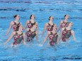 Canada competes in the free final of artistic swimming at the World Aquatics Championships in Doha, Qatar, Friday, Feb. 9, 2024. Canada's artistic swimming team qualified for the 2024 Paris Olympics after a seventh-place finish in the free competition Friday in the at the world aquatics championships.