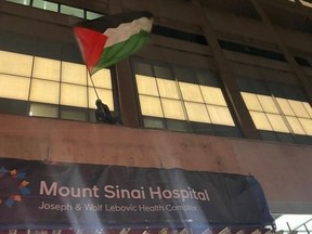 Posts on social media have documented videos and photos from the protest, which included at least one protester scaling the hospital with a Palestinian flag.