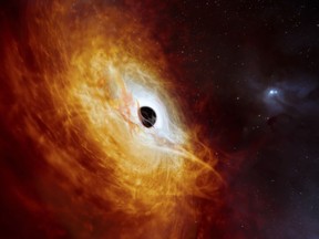 This illustration provided by the European Southern Observatory in February 2024, depicts the record-breaking quasar J059-4351, the bright core of a distant galaxy that is powered by a supermassive black hole. The supermassive black hole, seen here pulling in surrounding matter, has a mass 17 billion times that of the Sun and is growing in mass by the equivalent of another Sun per day, making it the fastest-growing black hole ever known.