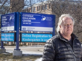 James Murphy, out front of the Dufferin Peel Catholic School Board in Mississauga in February 2024.