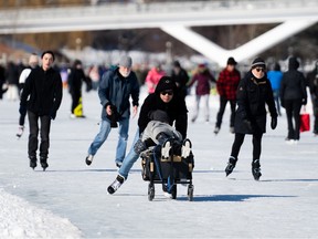 Ottawa: People skate on the in Ottawa, on Family Day Monday, Feb. 19, 2024. The National Capital Commission (NCC) has reopened the outdoor skateway from Bank St., to Pretoria Bridge with skating conditions being described as 'variable'. Spencer Colby/Postmedia