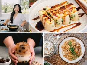 Clockwise from top left: Author Tiffy Chen, Taiwanese savoury egg crepe, garlic enoki mushrooms and brown sugar milk tea with homemade boba pearls. PHOTOS BY TIFFY CHEN
