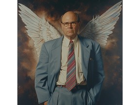 An AI-generated image of a bald man in a suit with Cupid wings