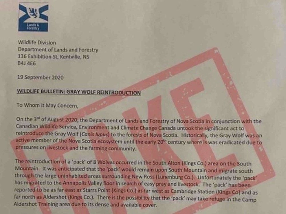 A screenshot of the fake letter from the Nova Scotia government which was sent out to residents to warn about a pack of wolves on the loose in the province. The letter was actually a forgery by Canadian military personnel as part of a propaganda training mission.  