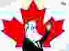 cartoon of Brian Mulroney with Canadian flag behind him