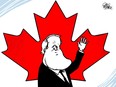 cartoon of Brian Mulroney with Canadian flag behind him