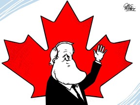 cartoon of Brian Mulroney with Canadian flag behind him