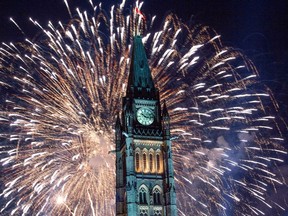 Fireworks explode over the Peace Tower