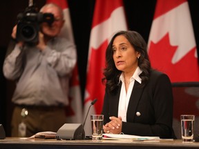 President of the Treasury Board Anita Anand announces a new government-wide program to address discrimination and violence, October 23, 2023.