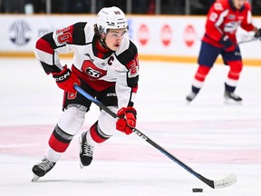 A file photo of Luca Pinelli, who scored his 46th goal of the season for the 67's on Saturday at Brantford.