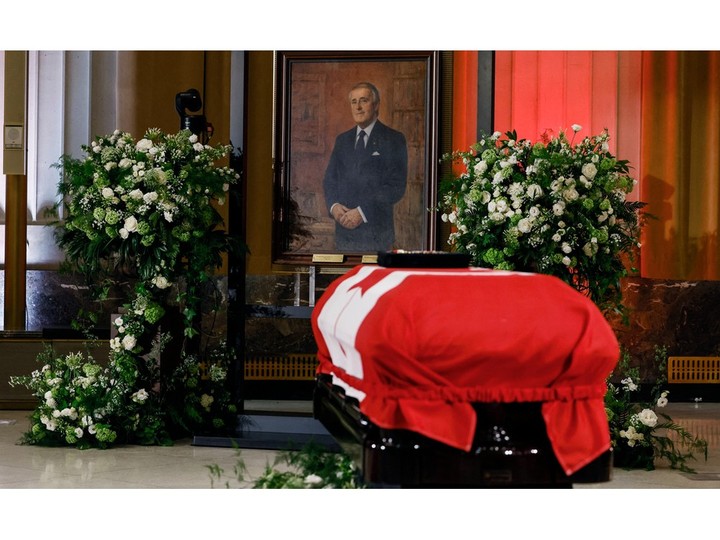 Former Canadian Prime Minister Brian Mulroney lies in state at Parliament Hill in Ottawa, Canada, on March 19, 2024. Mulroney, who made his political mark in the 1980s with the signing of a ground-breaking free trade agreement with the US that later expanded to include Mexico, died on February 29, 2024. He was 84. (Photo by Blair Gable / POOL / AFP)