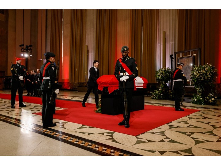  Canadian Prime Minister Justin Trudeau walks towards the casket of late Former Canadian Prime Minister Brian Mulroney as he lies in state at Parliament Hill in Ottawa, Canada, on March 19, 2024.