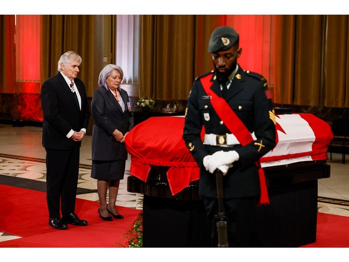  Canadian Governor General Mary Simon and her husband Whit Fraser pay their respects to former Canadian Prime Minister Brian Mulroney at the Sir John A. Macdonald Building where Mulroney will lie-in-state in Ottawa, Canada, on March 19, 2024.