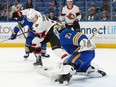 Brady Tkachuk of the Ottawa Senators scores a goal against Devon Levi of the Buffalo Sabres during the first period at KeyBank Center on March 27, 2024 in Buffalo.